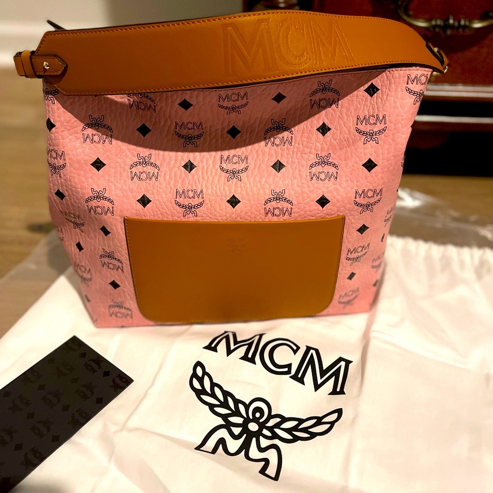 MCM Pink and Cognac Leather Hobo Bag